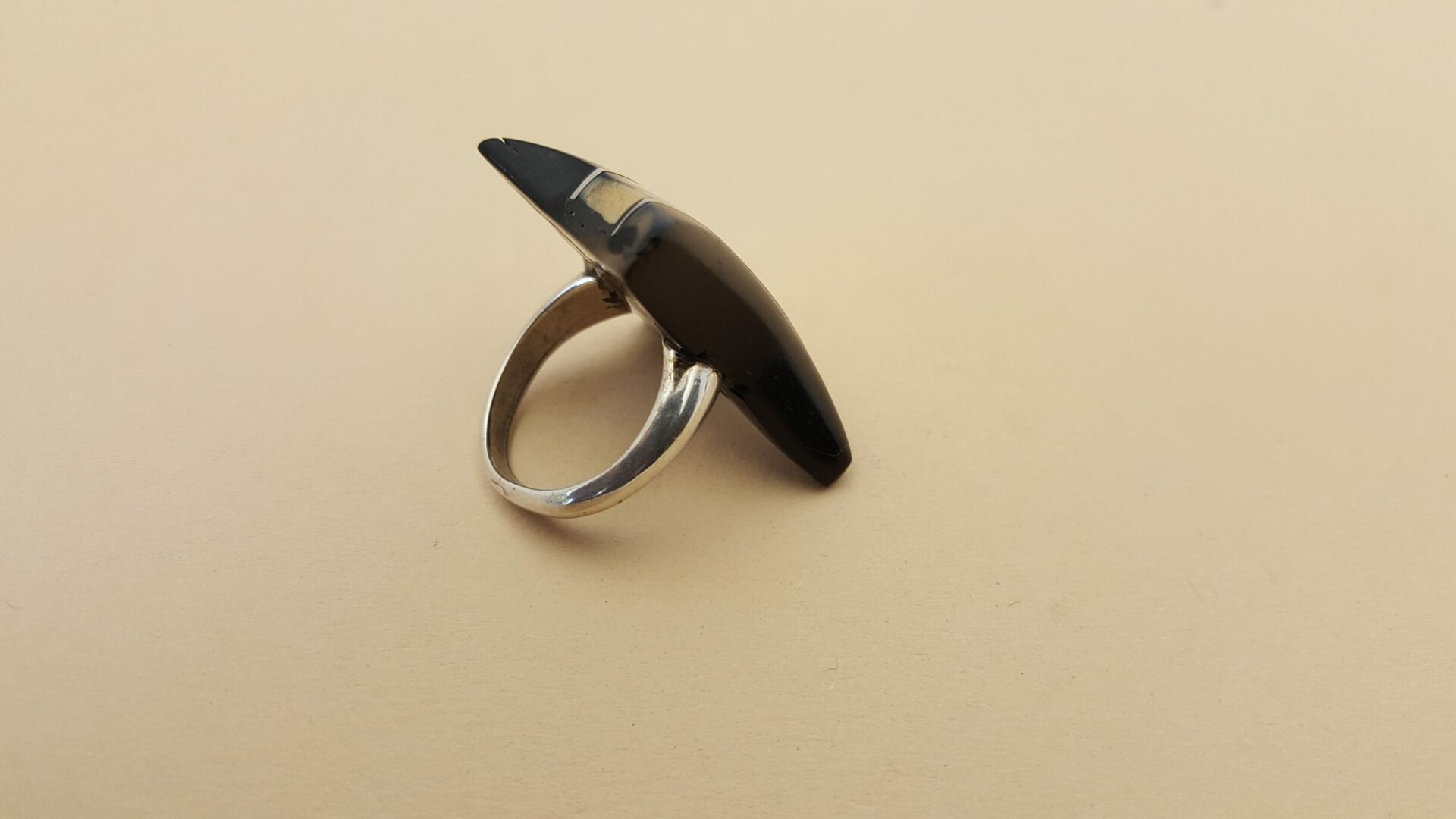 bague-Ivoire fossile-Ebène -Anneau argent massif