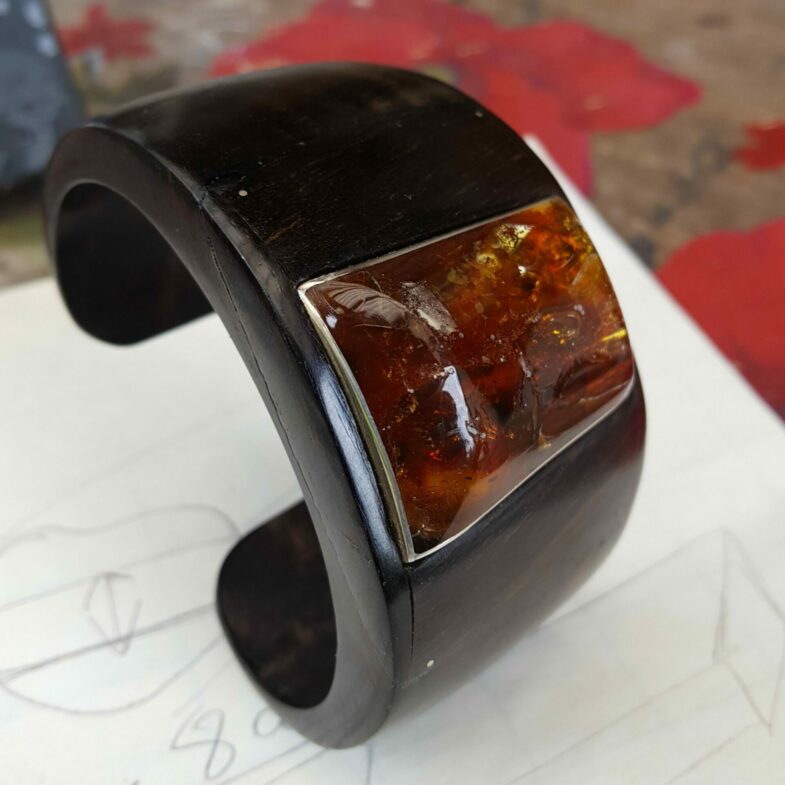 Bracelet Ambre Baltique-Ebène du Gabon-Serti Argent – Image 2